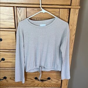 Ribbed Long-Sleeve Drawstring Mid-Crop Top - Beige